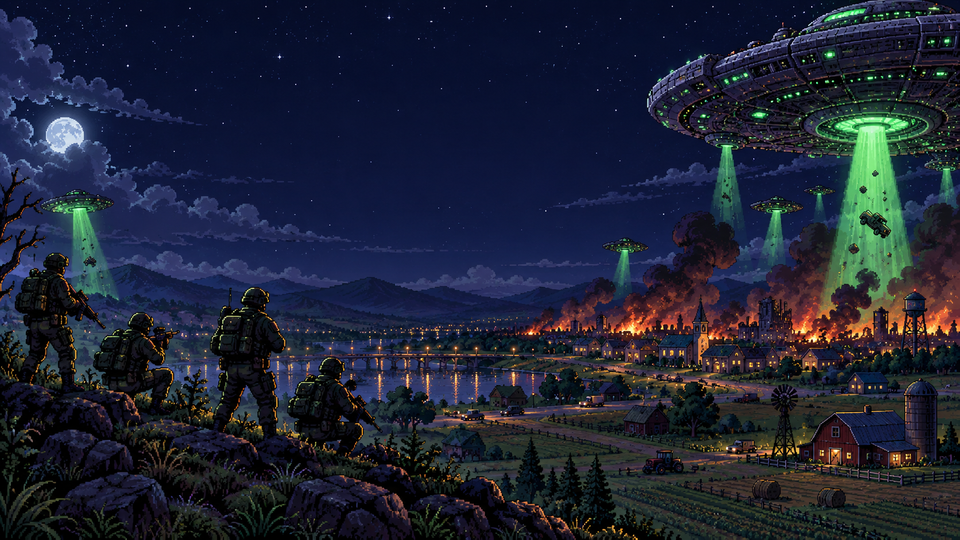 Pixel-art soldiers watching alien saucers invade a town under a starry night sky.