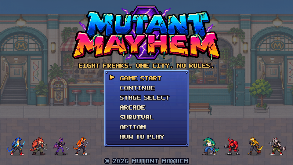 Mutant Mayhem title screen with a bright arcade logo and eight mutant fighters.