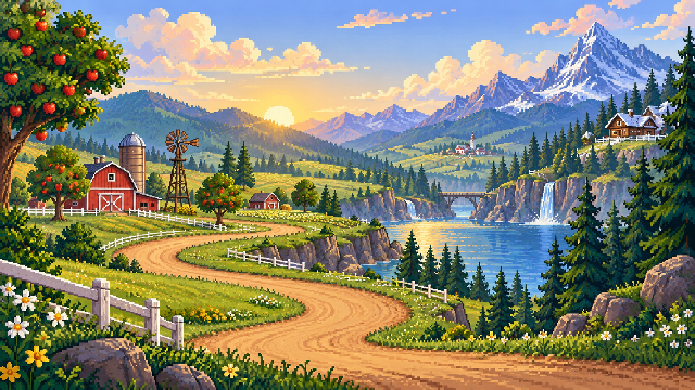 Pixel-art barnyard racecourse winding past a red barn, a lake, and snowy mountains.