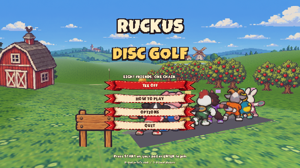 Ruckus Disc Golf title screen with animal golfers gathered beside an orchard.