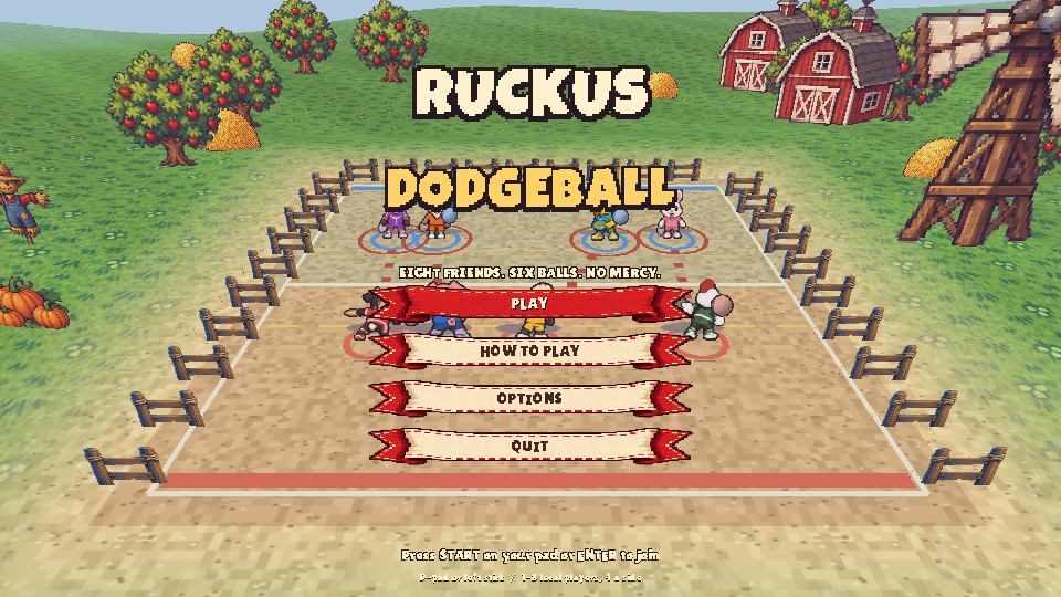 Ruckus Dodgeball title screen showing two animal teams on a barnyard court.