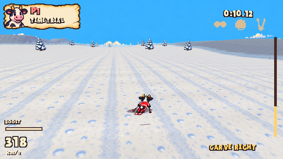 A cow on skis racing downhill across a snowy mountain bowl.