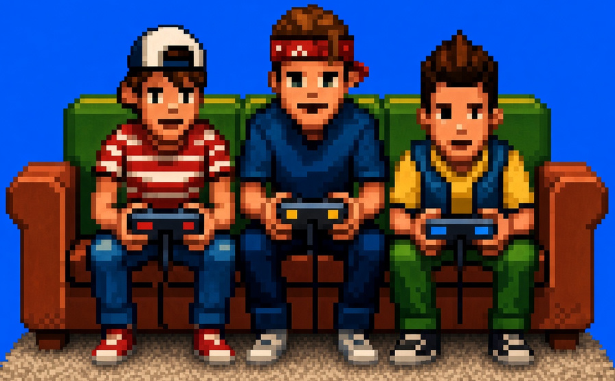 The Retro Couch Games logo: three friends sharing a couch and playing video games.